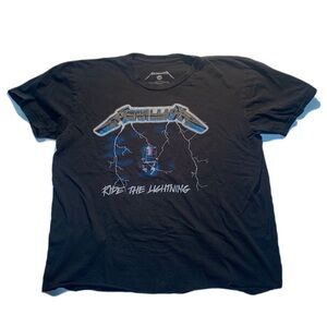 Black Cropped Metallica Ride the Lightning Graphic Band T-Shirt Size Large